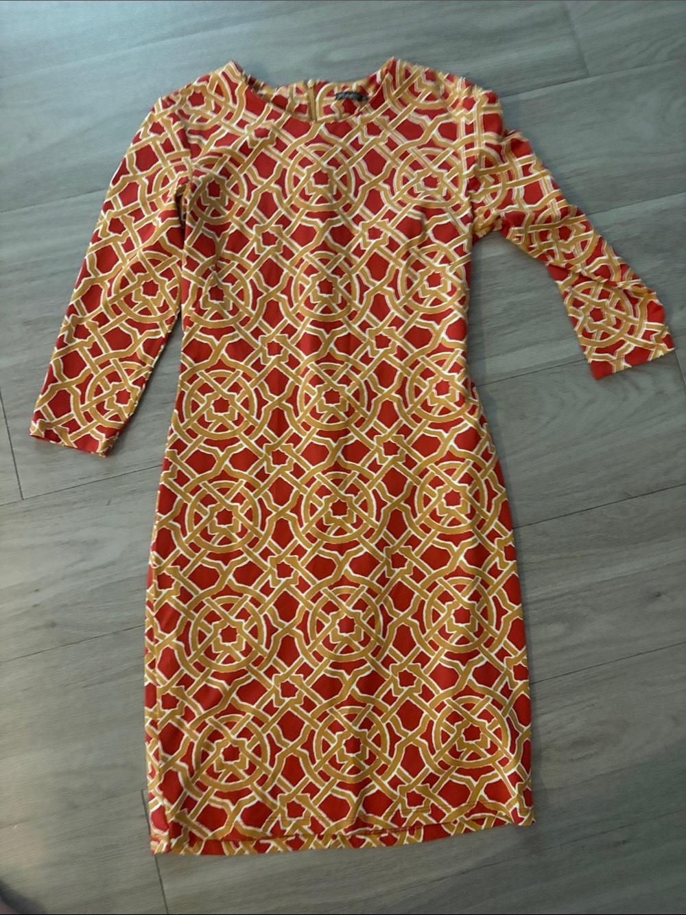 J. McLaughlin Rust red  and Yellow Geometric Long-Sleeve Sheath Dress